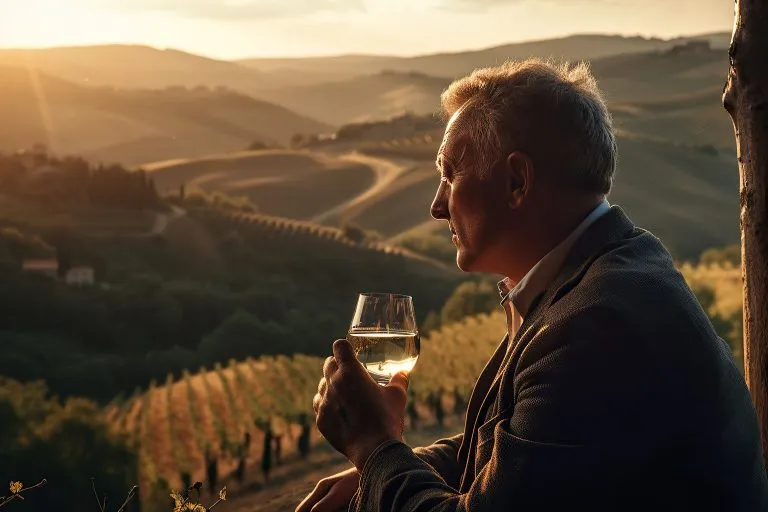 Un homme sirotant un verre de vin Chianti avec une vue imprenable sur la Toscane - région italienne célèbre pour ses paysages pittoresques et ses excellents vins - ai generative